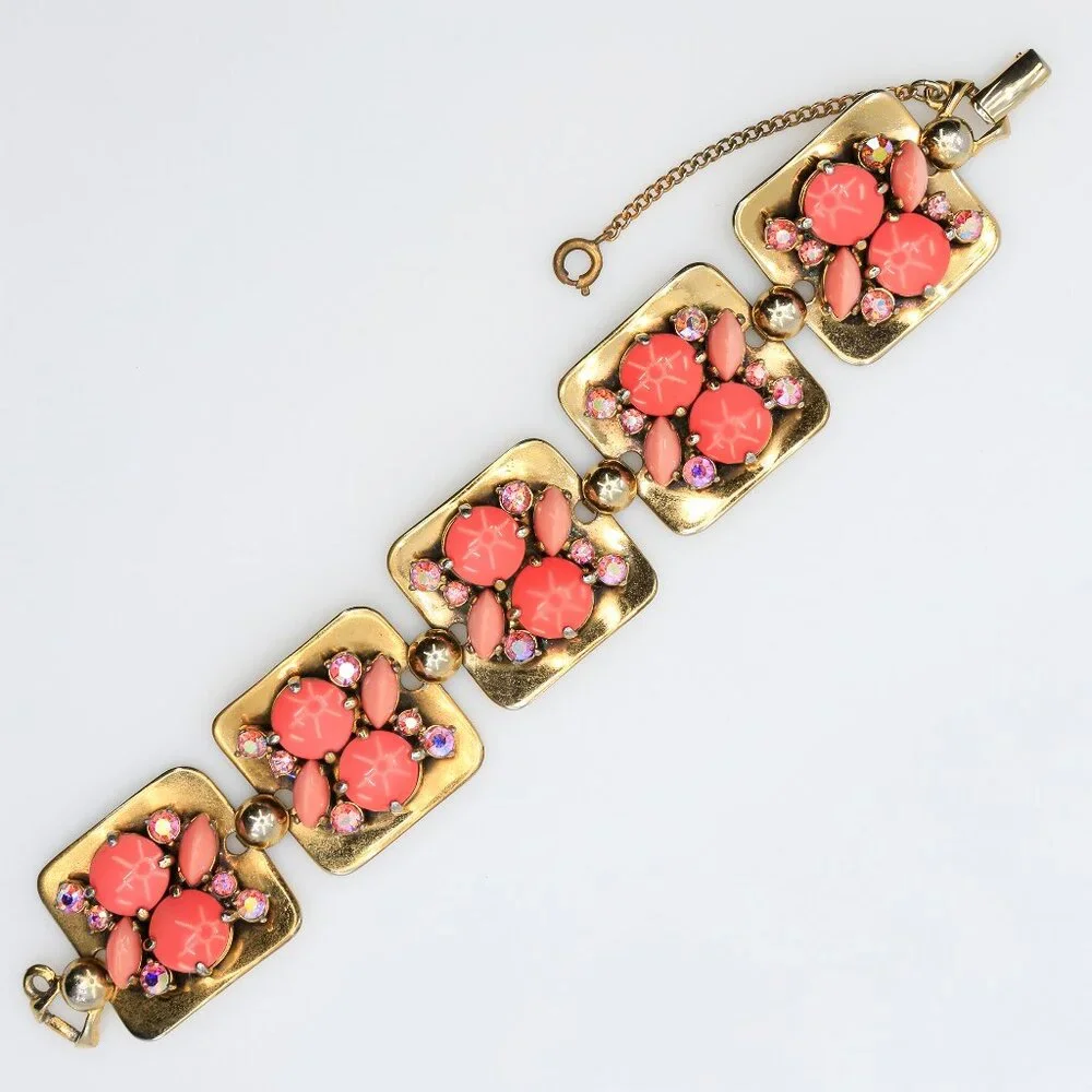 Vintage Schiaparelli Pink Cabochon and AB‎ Rhinestones Panel Bracelet 1950s